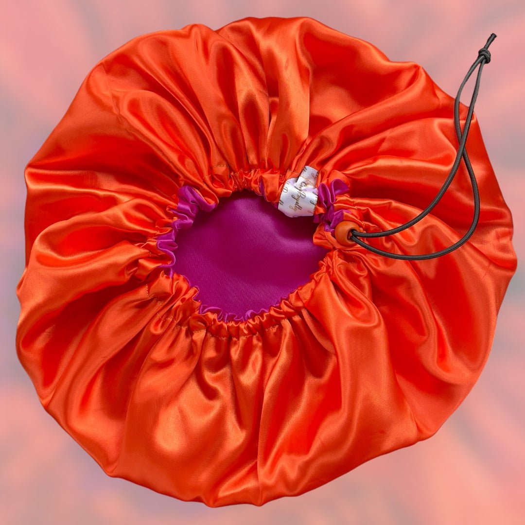 Vibrant Satin Drawstring Bonnet - Hot Pink and Orange, Adjustable Hair Protection - Crowned by Royalty