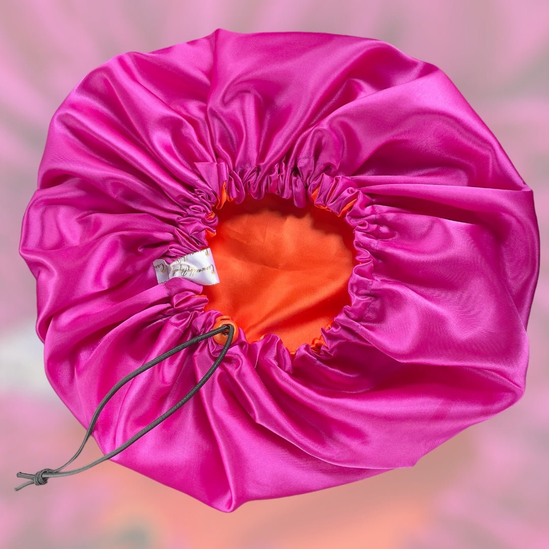 Vibrant Satin Drawstring Bonnet - Hot Pink and Orange, Adjustable Hair Protection - Crowned by Royalty