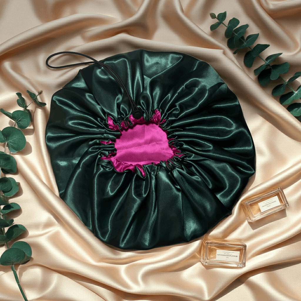 Green satin makeup bag with pink interior on a beige fabric background with green leaves and perfume bottles.