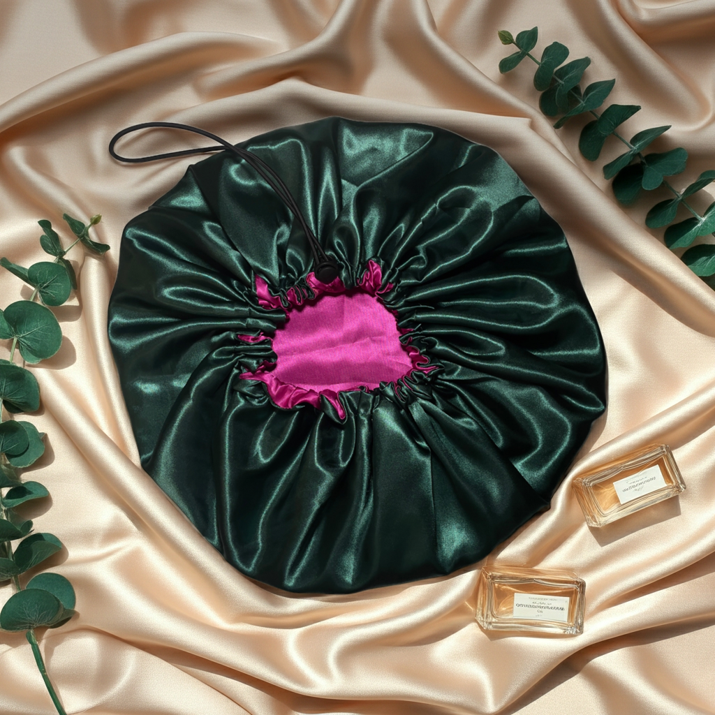 Green satin makeup bag with pink interior on a beige fabric background with green leaves and perfume bottles.